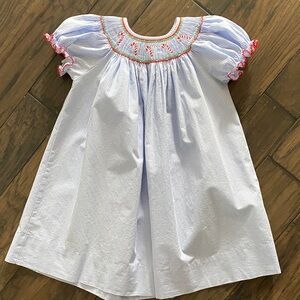 Blue and White Gingham Smocked Dress with Candy Cane Detail